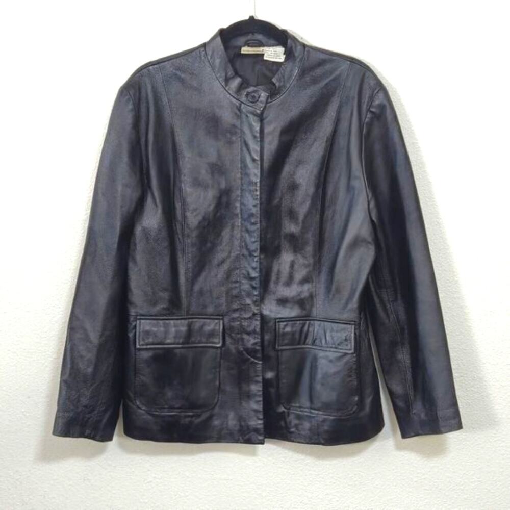 Newport News Leather Jacket Size L Black Button Front Classic Biker